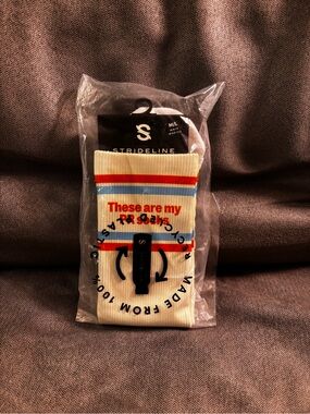 Strideline White Crew “PR” Socks with Orange & Blue Stripe NWT